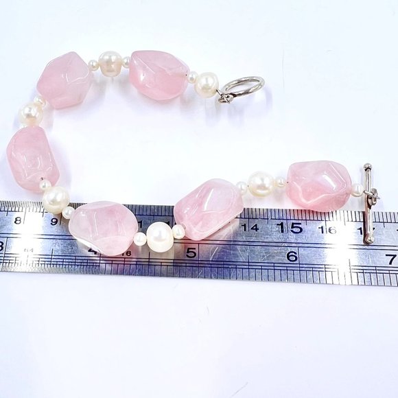 Rose Quartz Nugget & Freshwater Pearl Silver Tone Toggle Clasp 8” Bracelet - Picture 6 of 6